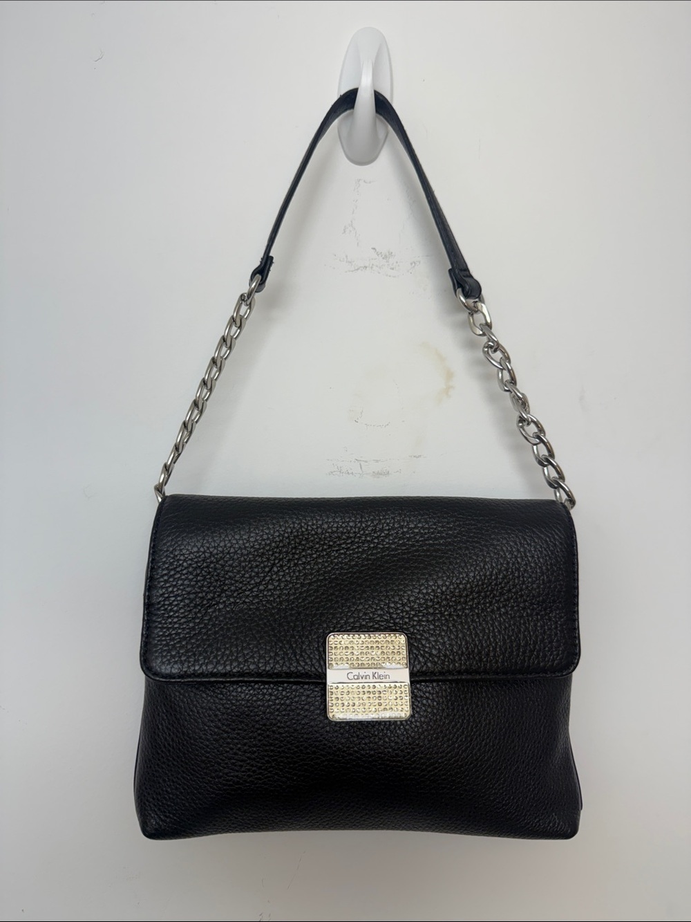 Calvin Klein Black Pebbled Leather Shoulder Bag with Silver Chain Strap